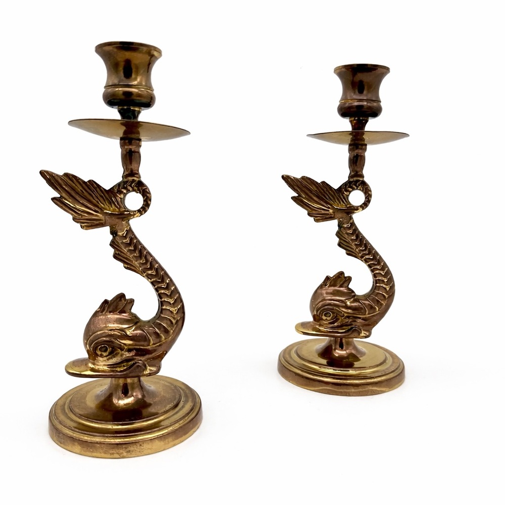 Vintage Brass Dolphin Candlestick Holders Pair Patinated Hollywood Regency Decor
